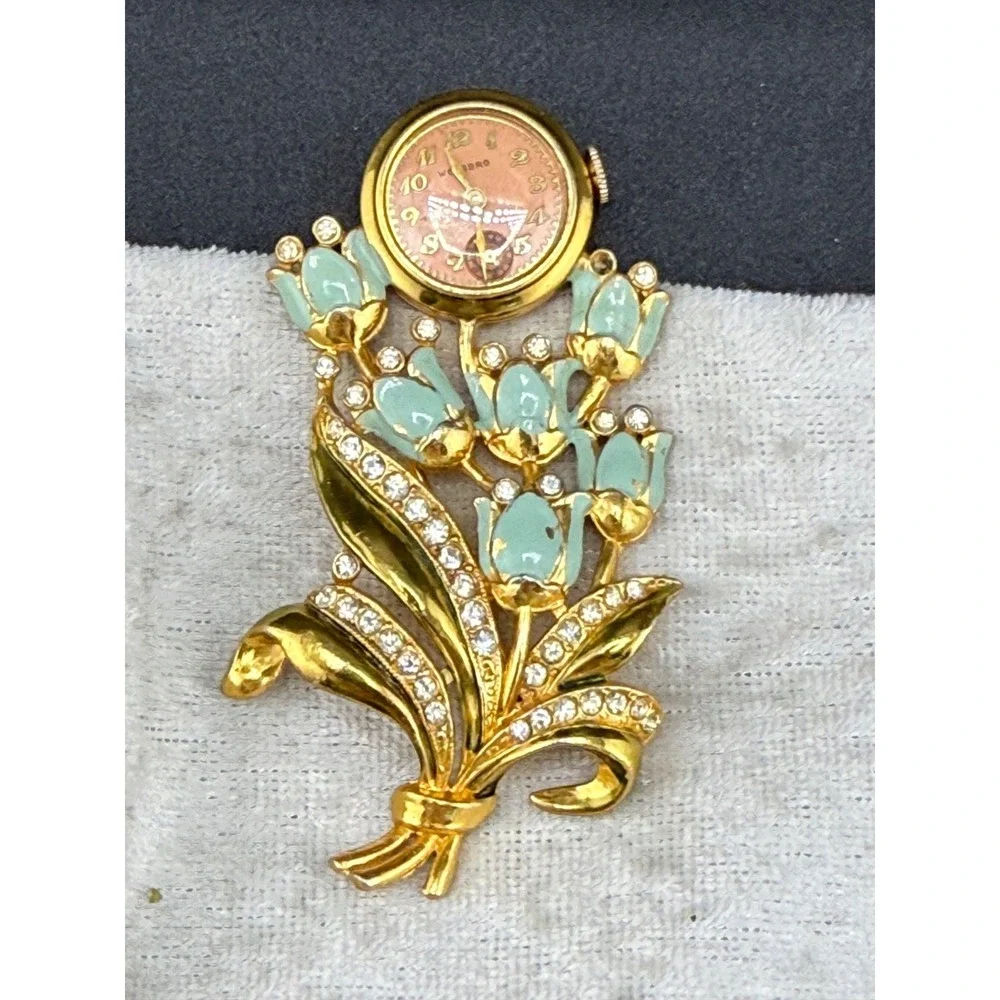 Vintage‎ Welsbro Watch Brooch Tulips Pot Metal Rhinestone NICE Untested